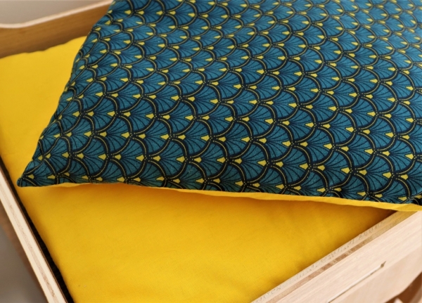 Coussin jaune- bleu canard