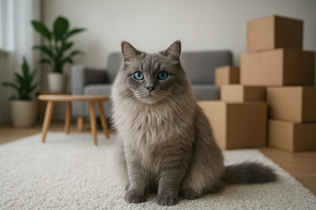 Chat gris cartons de déménagement