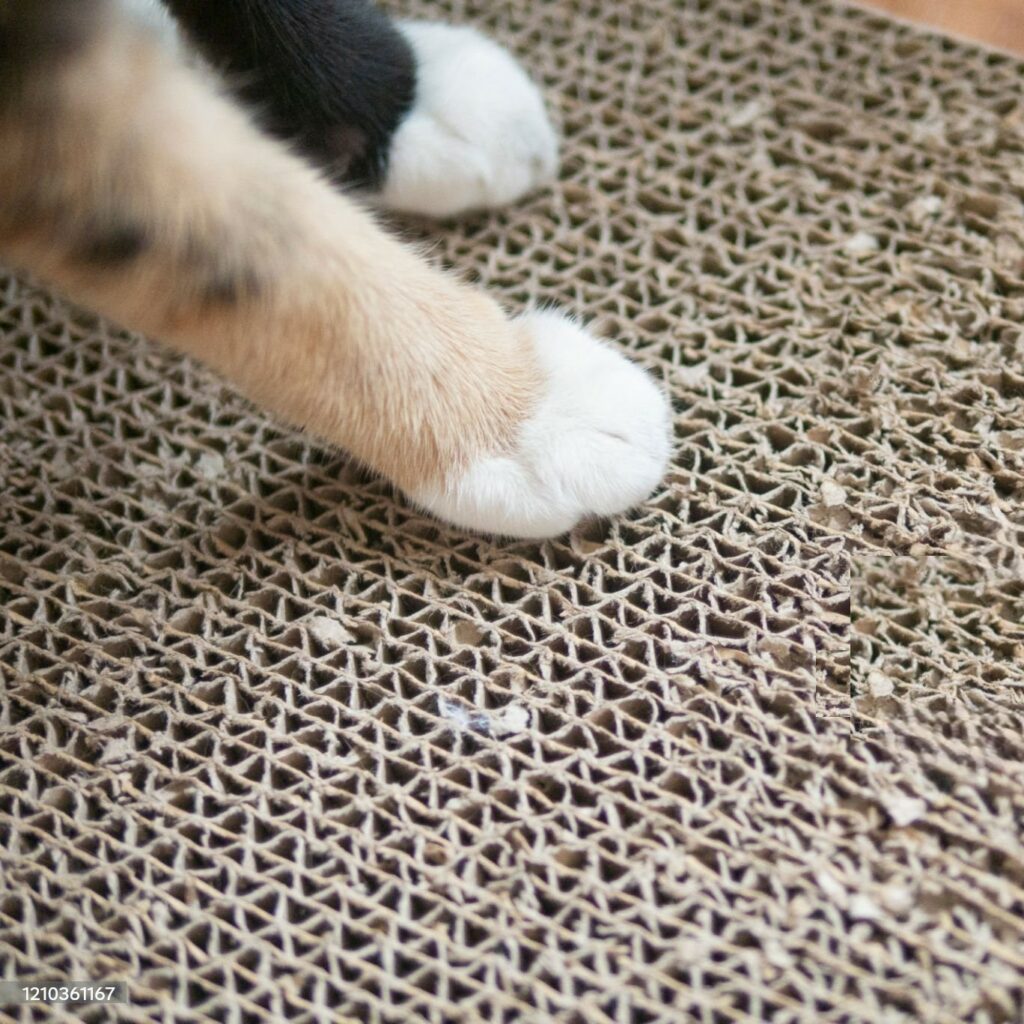 Un chat sur un griffoir en carton